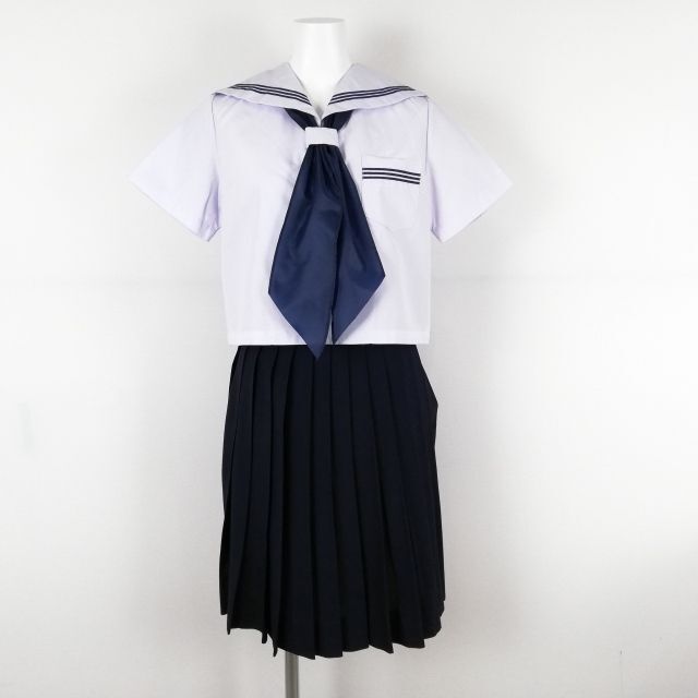 1円 セーラー服 スカート スカーフ 上下3点セット 夏物 青3本線 女子 学生服 中学 高校 白 制服 中古 ランクC NA0255の画像1