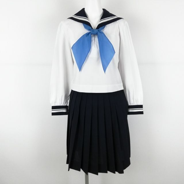 1円 セーラー服 スカート スカーフ 上下3点セット 中間服 白2本線 女子 学生服 中学 高校 白 制服 中古 ランクC NA0448_画像1