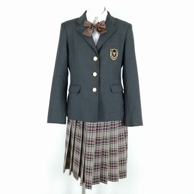 1円 ブレザー チェックスカート リボン 上下4点セット L 冬物 女子 学生服 京都西京高校 グレー 制服 中古 ランクB NA1245の画像1