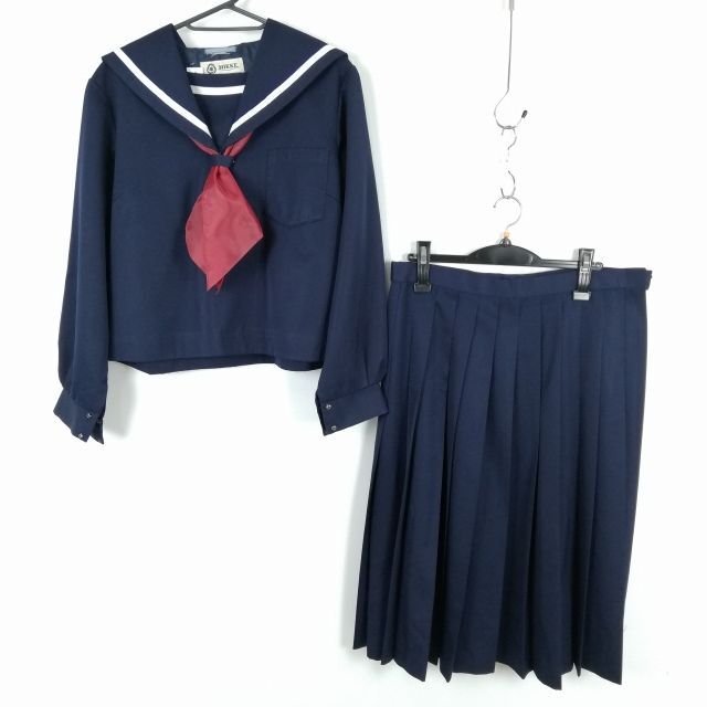 1 jpy sailor suit skirt scarf top and bottom 3 point set large size winter thing white 1 pcs line woman school uniform middle . high school navy blue uniform used rank B NA1296