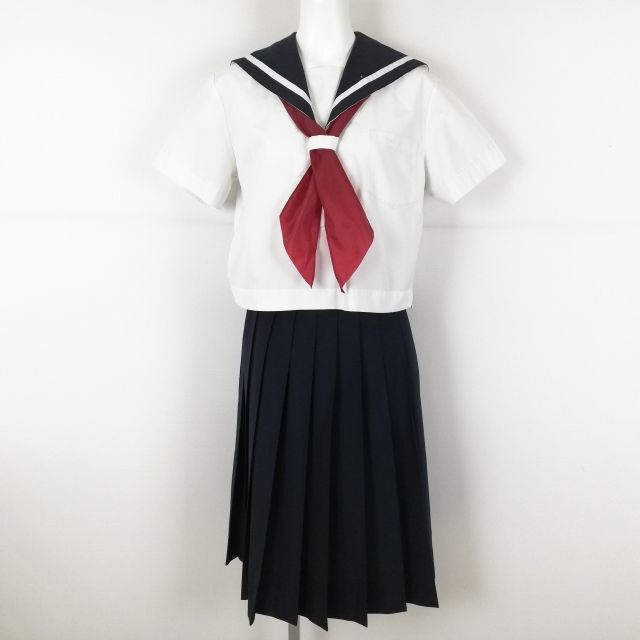 1円 セーラー服 スカート スカーフ 上下3点セット 160A 大きいサイズ 夏物 白1本線 女子 学生服 中学 高校 白 制服 中古 ランクC NA0892_画像1