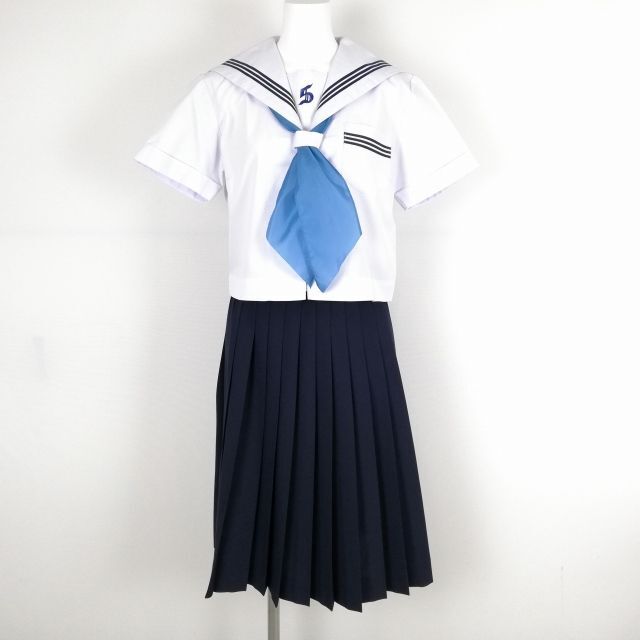 1円 セーラー服 スカート スカーフ 上下3点セット 夏物 青3本線 女子 学生服 兵庫飾磨中部中学 白 中古 ランクC NA0902の画像1