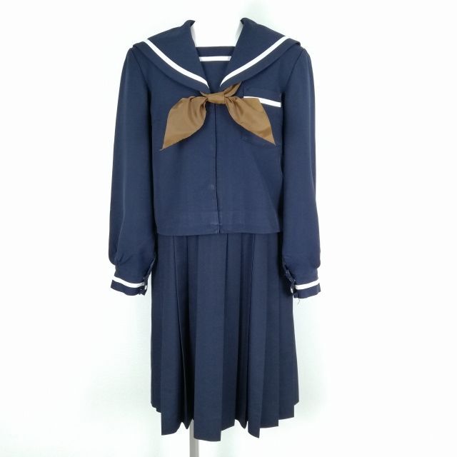 1円 セーラー服 ジャンパースカート スカーフ 上下3点セット 冬物 白1本線 女子 学生服 中学 高校 紺 制服 中古 ランクC NA1030の画像1