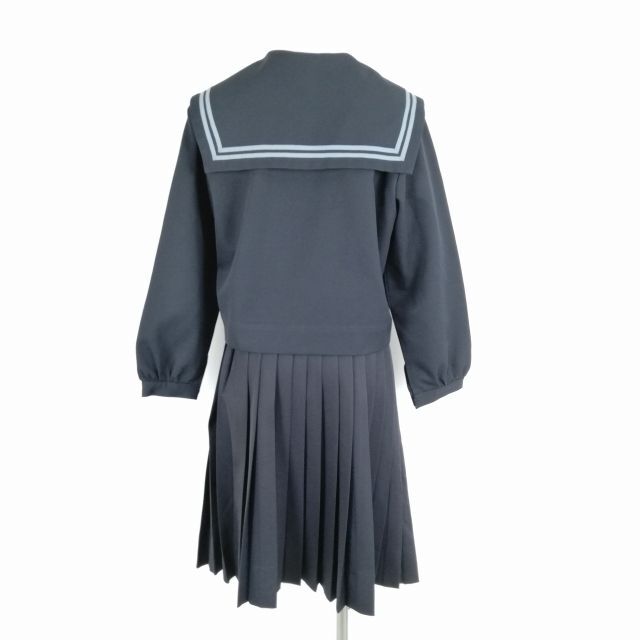 1円 セーラー服 スカート 上下2点セット 冬物 グレー2本線 女子 学生服 中学 高校 紺 制服 中古 ランクB NA1193_画像2