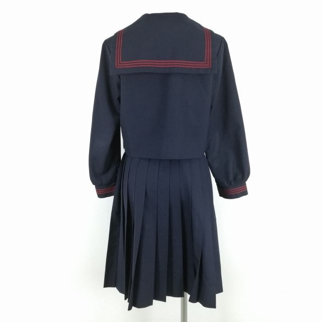 1円 セーラー服 スカート スカーフ 上下3点セット 冬物 赤3本線 女子 学生服 中学 高校 紺 制服 中古 ランクC NA1388の画像2