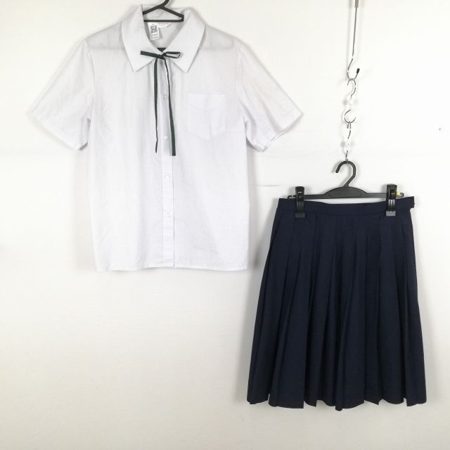 1円 ブラウス スカート 紐タイ 上下3点セット 大きいサイズ 夏物 女子 学生服 中学 高校 白 制服 中古 ランク:C EY4634_画像1