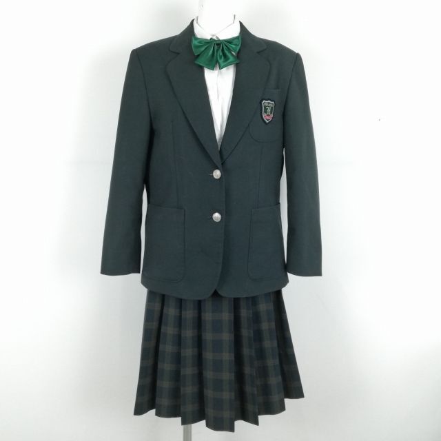 1円 ブレザー スカート リボン 上着 165A 大きいサイズ 富士ヨット 冬物 女子 学生服 大阪枚岡中学 緑 制服 中古 ランクC NA1941の画像1