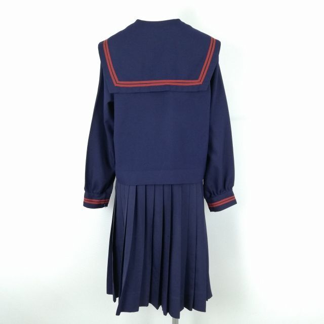 1円 セーラー服 スカート スカーフ 上下3点セット 大きいサイズ 冬物 赤2本線 女子 学生服 沖縄具志頭中学 紺 制服 中古 ランクC NA1628