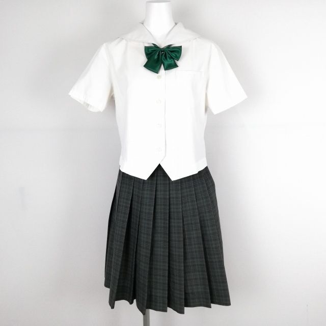1 jpy sailor suit check skirt ribbon top and bottom 3 point set M dragonfly summer thing woman school uniform middle . high school white uniform used rank C NA0930