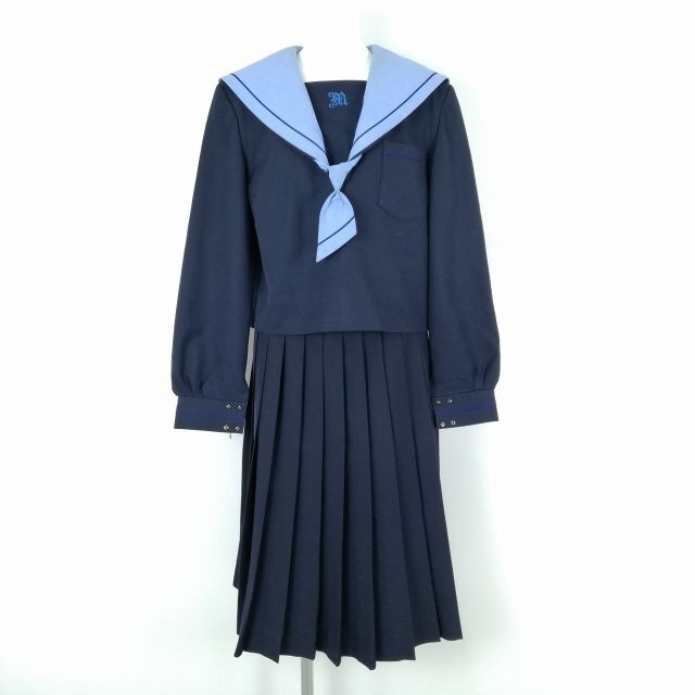 1円 セーラー服 スカート 上下3点セット 170A 大きいサイズ 冬物 青1本線 女子 学生服 大阪南池田中学 紺 制服 中古 ランクC NA1989