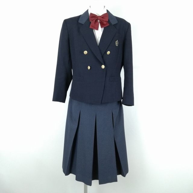 1円 ブレザー チェックスカート リボン 上下4点セット L 大きいサイズ 冬物 女子 学生服 兵庫県立尼崎高校 紺 制服 中古 ランクB NA2038