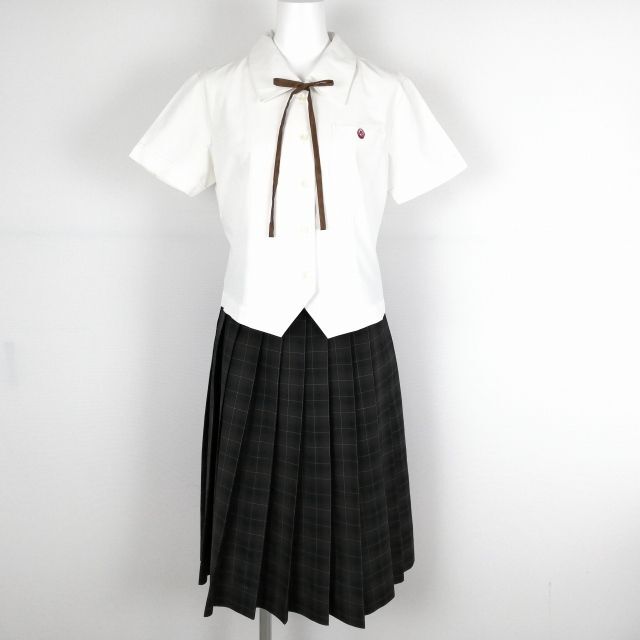 1円 ブラウス チェックスカート 紐タイ 上下3点セット トンボ 夏物 女子 学生服 兵庫琴丘高校 白 制服 中古 ランクC NA1023