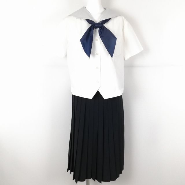 1円 セーラー服 スカート スカーフ 上下3点セット BM 大きいサイズ 夏物 女子 学生服 兵庫姫路飾西高校 白 制服 中古 ランクC NA0763