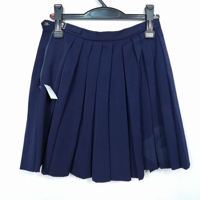 1円 スクールスカート 冬物 w63-丈44 紺 中学 高校 ミニ丈 プリーツ 学生服 制服 女子 中古 HK6648_画像2