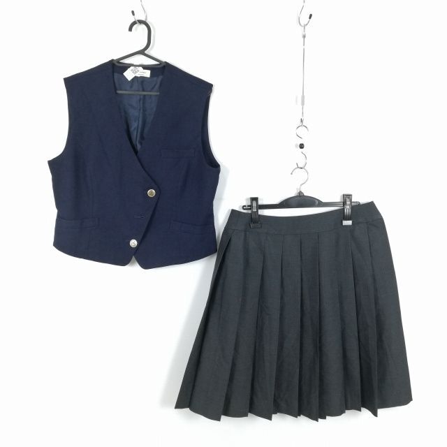 1円 ベスト スカート 上下2点セット 冬物 女子 学生服 中学 高校 紺 制服 中古 ランク:C EY3215_画像1