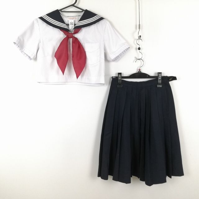 1円 セーラー服 スカート スカーフ 上下3点セット 夏物 白3本線 女子 学生服 中学 高校 白 制服 中古 ランク:C EY3386_画像1