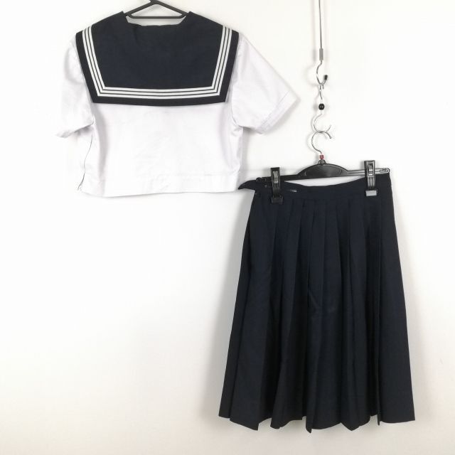 1円 セーラー服 スカート スカーフ 上下3点セット 夏物 白3本線 女子 学生服 中学 高校 白 制服 中古 ランク:C EY3386_画像2