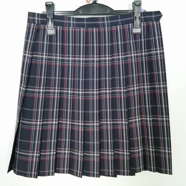 1円 スクールスカート 大きいサイズ 夏物 w75-丈53 チェック 中学 高校 プリーツ 学生服 制服 女子 中古 IN5752_画像1