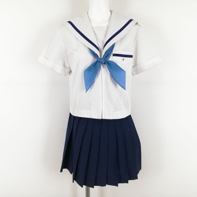 1円 セーラー服 ミニスカート スカーフ 上下3点セット M 夏物 青1本線 女子 学生服 中学 高校 白 制服 中古 ランクC NA1469_画像1