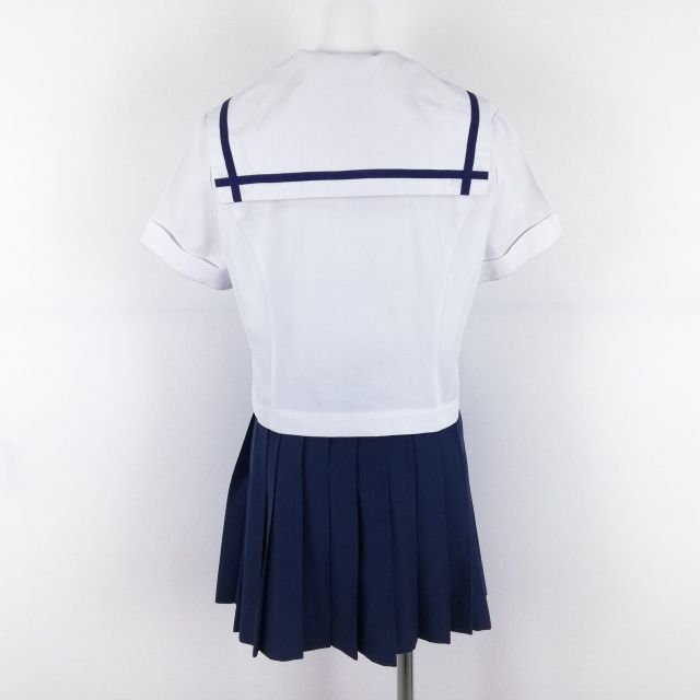 1円 セーラー服 ミニスカート スカーフ 上下3点セット M 夏物 青1本線 女子 学生服 中学 高校 白 制服 中古 ランクC NA1469の画像2