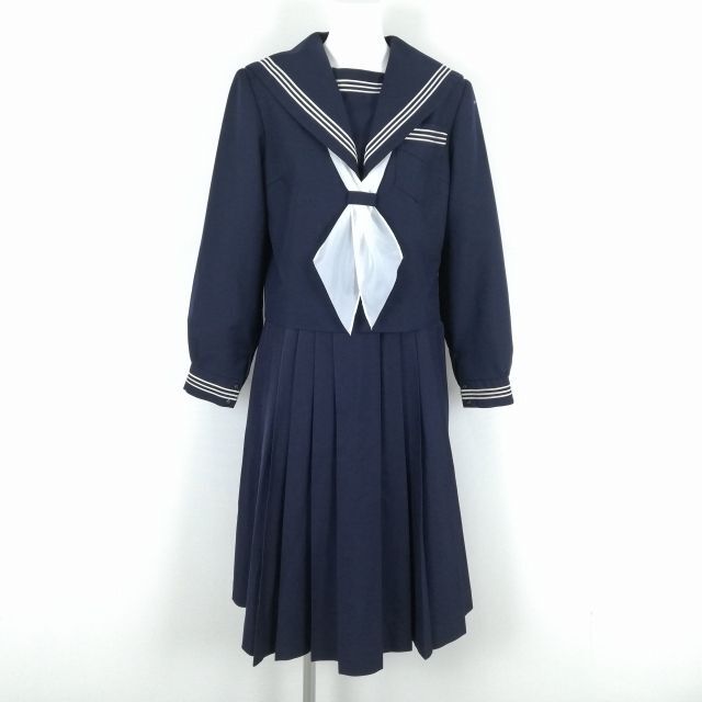 1円 セーラー服 スカート スカーフ 上下3点セット 160A 冬物 白3本線 女子 学生服 中学 高校 紺 制服 中古 ランクC NA1543_画像1