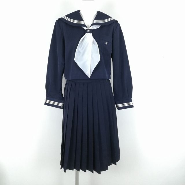 1円 セーラー服 スカート スカーフ 上下3点セット 大きいサイズ 冬物 白3本線 女子 学生服 高知香我美中学 紺 制服 中古 ランクC NA1816_画像1