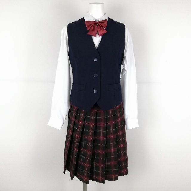 1円 ベスト チェックスカート リボン 上下4点セット オリーブデオリーブ 冬物 女子 学生服 中学 高校 紺 制服 中古 ランクC NA1304_画像1