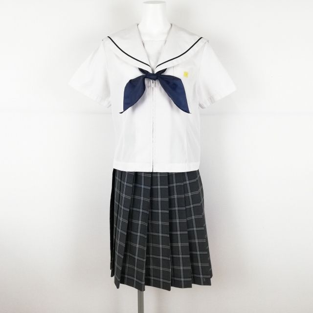 1円 セーラー服 チェックスカート スカーフ 上下3点セット 大きいサイズ 夏物 黒1本線 女子 学生服 中学 高校 白 制服 中古 ランクC NA1622_画像1