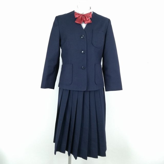 1円 イートン スカート リボン 上下4点セット 160A 冬物 女子 学生服 中学 高校 紺 制服 中古 ランクC NA1643_画像1