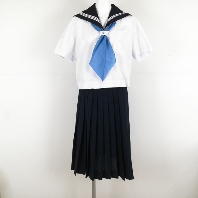 1円 セーラー服 スカート スカーフ 上下3点セット 大きいサイズ 夏物 白3本線 女子 学生服 兵庫安室中学 白 制服 中古 ランクC NA1814_画像1