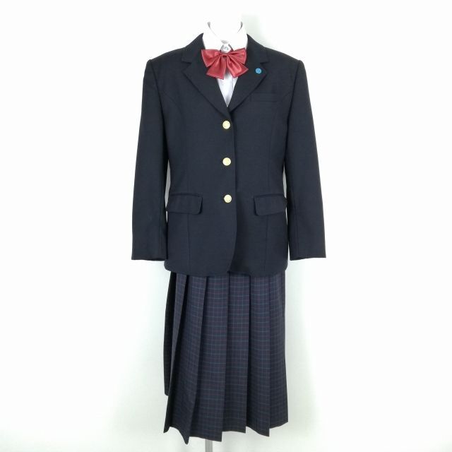 1円 ブレザー チェックスカート リボン 上下4点セット L 冬物 女子 学生服 中学 高校 紺 制服 中古 ランクC NA2096の画像1