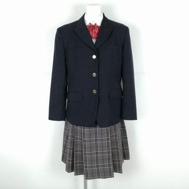 1円 ブレザー チェックスカート リボン 上下4点セット 指定 M 大きいサイズ 冬物 女子 学生服 神奈川相模原高校 紺 中古 ランクB NA2454_画像1