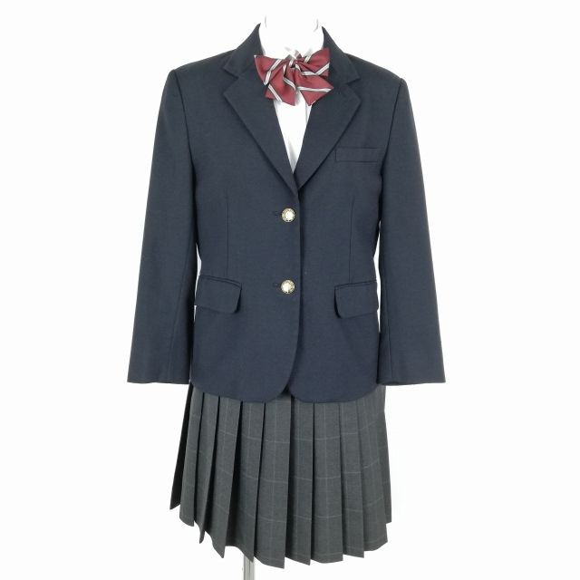 1円 ブレザー チェックスカート リボン 上下4点セット 指定 M 冬物 女子 学生服 中学 高校 紺 制服 中古 ランクC NA2278_画像1