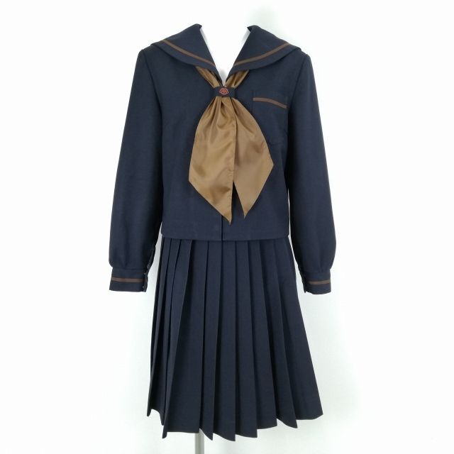 1円 セーラー服 スカート スカーフ 上下3点セット 165A 冬物 茶1本線 女子 学生服 岡山下津井中学 紺 制服 中古 ランクC NA3103の画像1