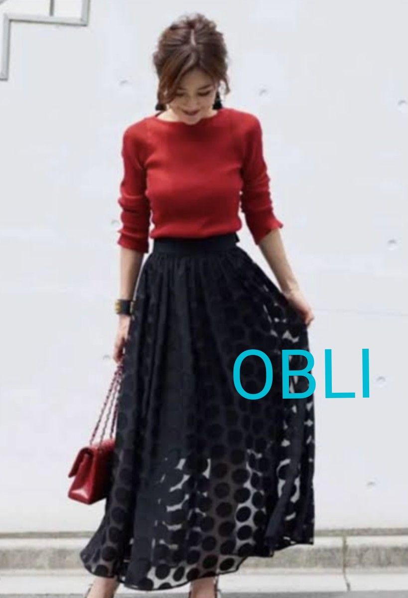 【良品】OBLI ドット柄　黒シースルー　ロングフレアースカート