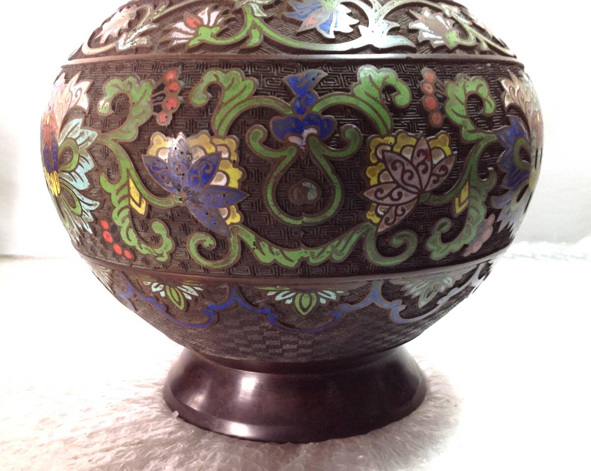 銅製 花器 七宝 双象耳 飾壺 花入 花立 中国美術 金属工芸 ※中古品_画像8