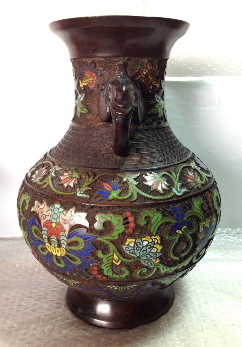 銅製 花器 七宝 双象耳 飾壺 花入 花立 中国美術 金属工芸 ※中古品_画像3