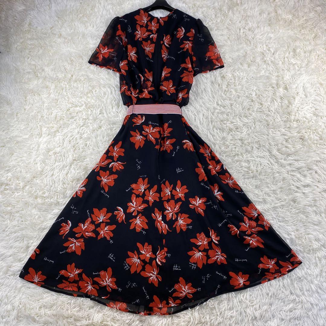  extra-large size 46 3XL 1 jpy *MaxMara Max Mara long One-piece hibiscus floral print black black red short sleeves maxi spring summer flair A line 