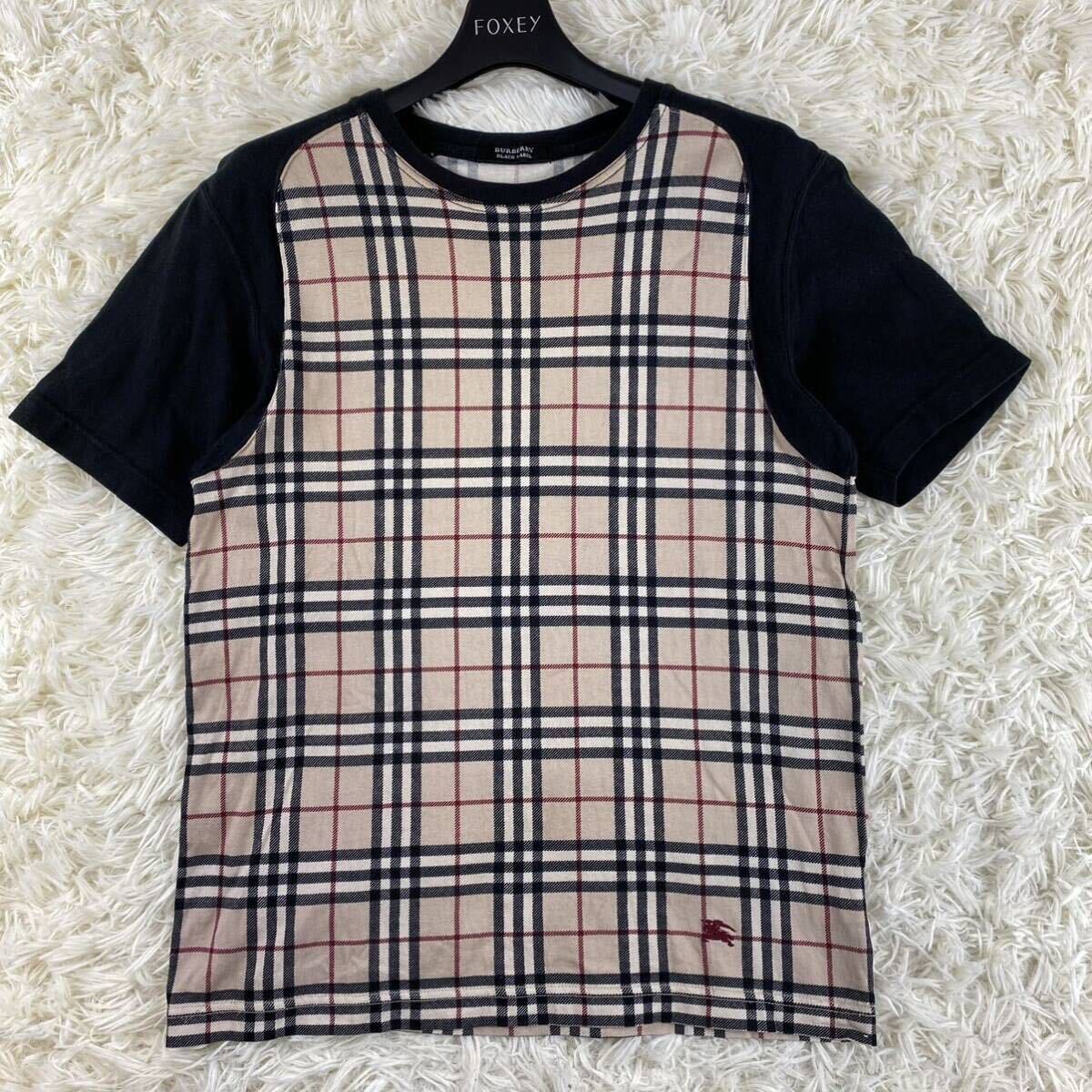 1円●BURBERRY BLACK LABEL バーバリーブラックレーベル Tシャツ 半袖 ノバチェック カットソー M 切り替え 切替　ホース刺繍 ベージュ 黒_画像1