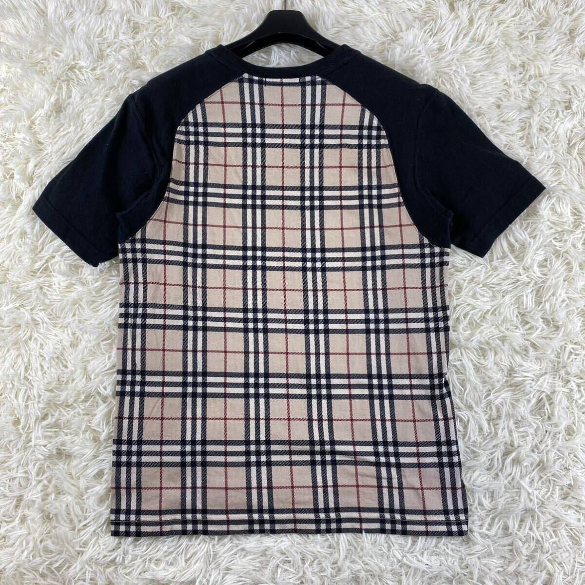 1円●BURBERRY BLACK LABEL バーバリーブラックレーベル Tシャツ 半袖 ノバチェック カットソー M 切り替え 切替　ホース刺繍 ベージュ 黒_画像6