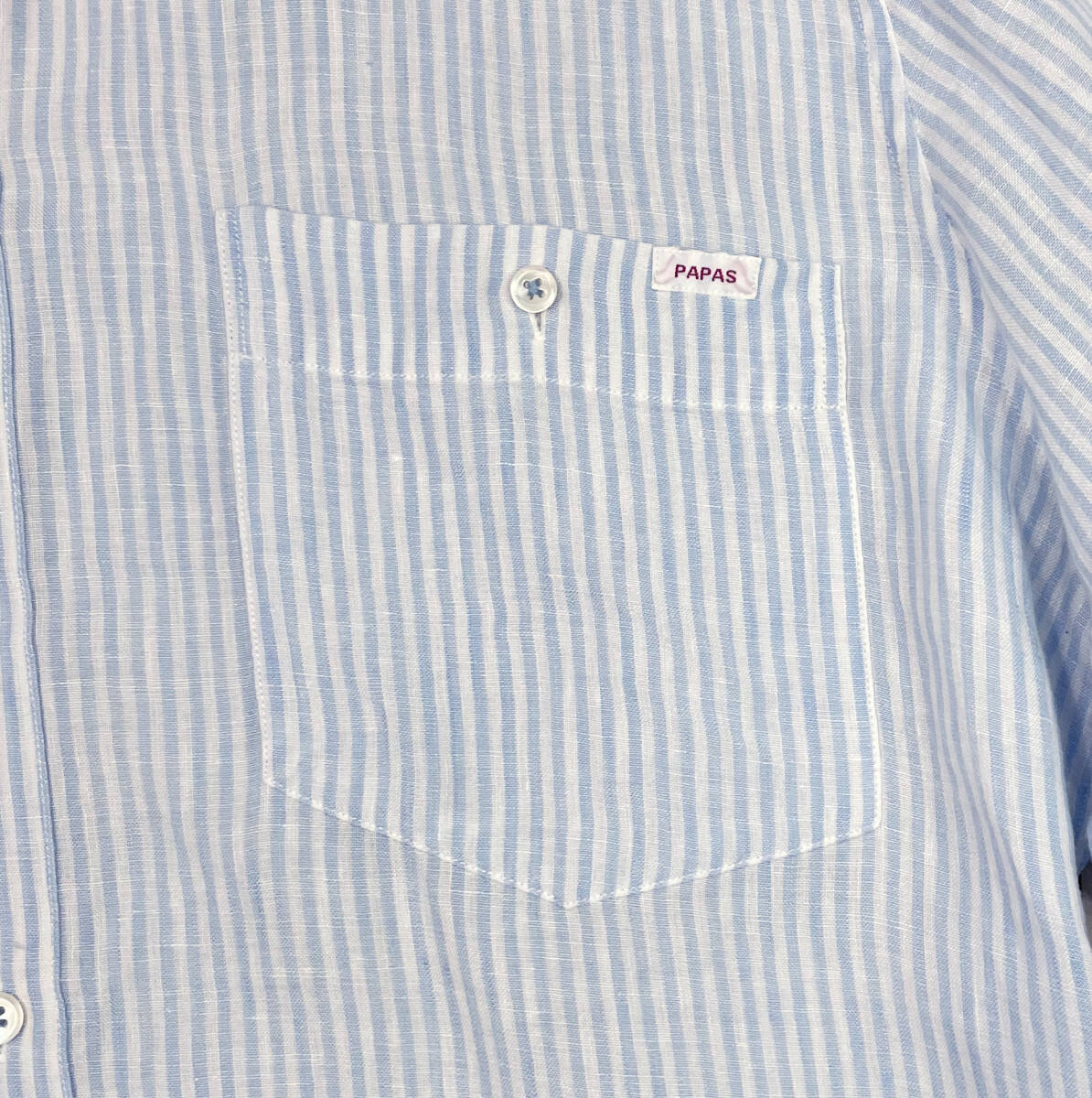 清涼感◎定価3.5万円 パパス 日本製【PAPAS】ロンドンストライプ柄 リネン100% 長袖BDシャツ 水色 50/L-XLサイズ相当の画像7