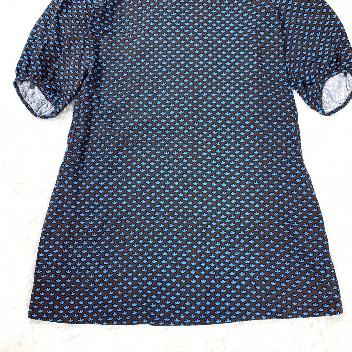 マリメッコ ワンピース ブラウン ブルー 総柄 ポケット付き コットン M YA6497の画像4