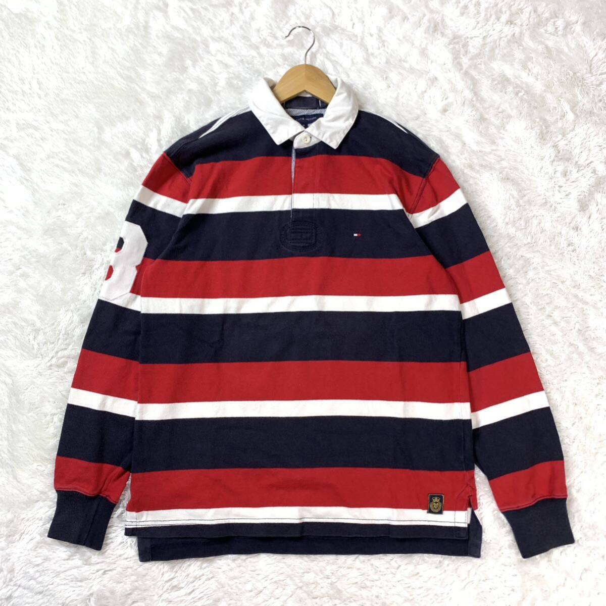 TOMMY HILFIGER トミーヒルフィガー 長袖ラガーシャツ ポロシャツ ネイビー ホワイト レッド ボーダー 刺繍 M YA6542_画像1