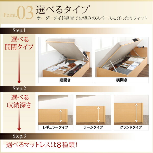 お客様組立 国産跳ね上げ収納ベッド ナチュラル 薄型プレミアムポケットコイルマットレス付き 縦開き シングル 深さレギュラー_画像8