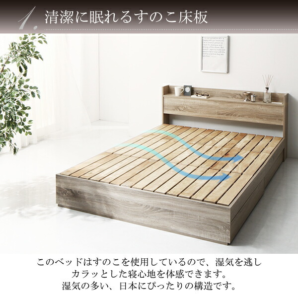 清潔に眠れる棚・コンセント付きすのこ収納ベッド ベッドフレームのみ セミダブル_画像4