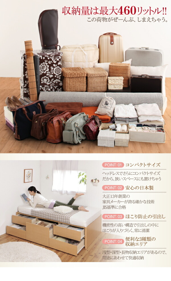 お客様組立 日本製_ヘッドレス大容量コンパクトチェストベッド ベッドフレームのみ シングル ショート丈_画像3
