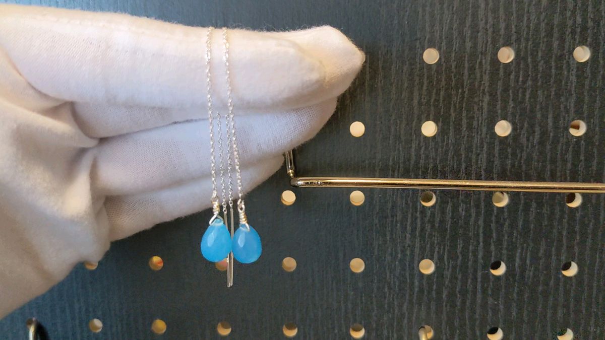 雫シリーズ “花時雨” 天然石 S925 チェーン ピアス ブルーカルセドニー 宝石質 ピアス ハンドメイド 両耳用