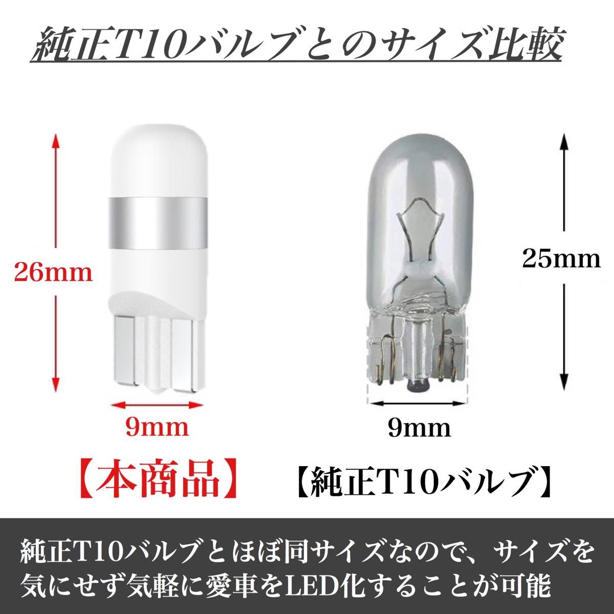 純白 T10 LED バルブ 拡散レンズ 上品 6000K ホワイト ウェッジ球 10個入 ルームランプ ポジション ナンバー灯