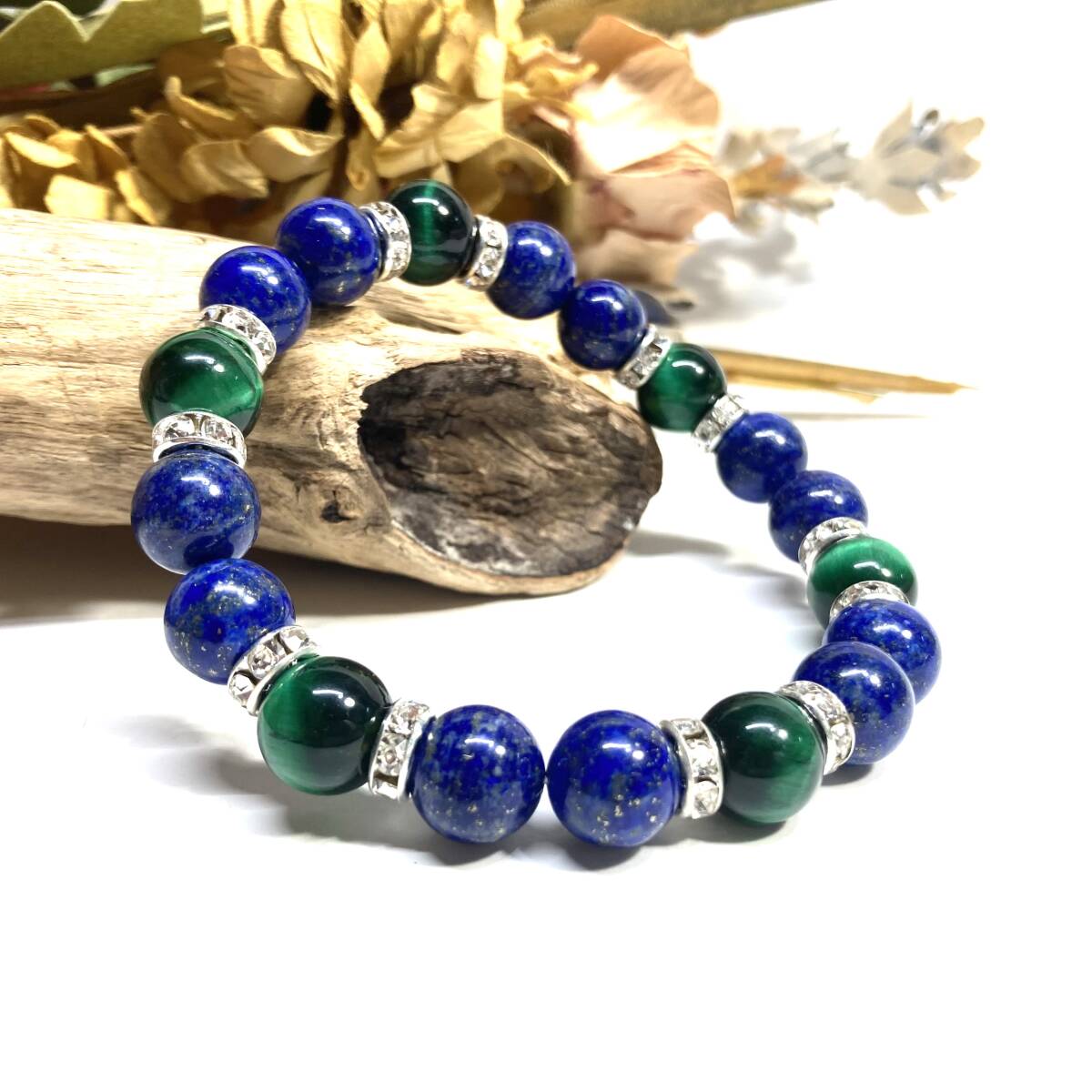  lapis lazuli & green Tiger I Power Stone bracele natural stone breath ( silver ) 10mm men's * lady's luck with money amulet 