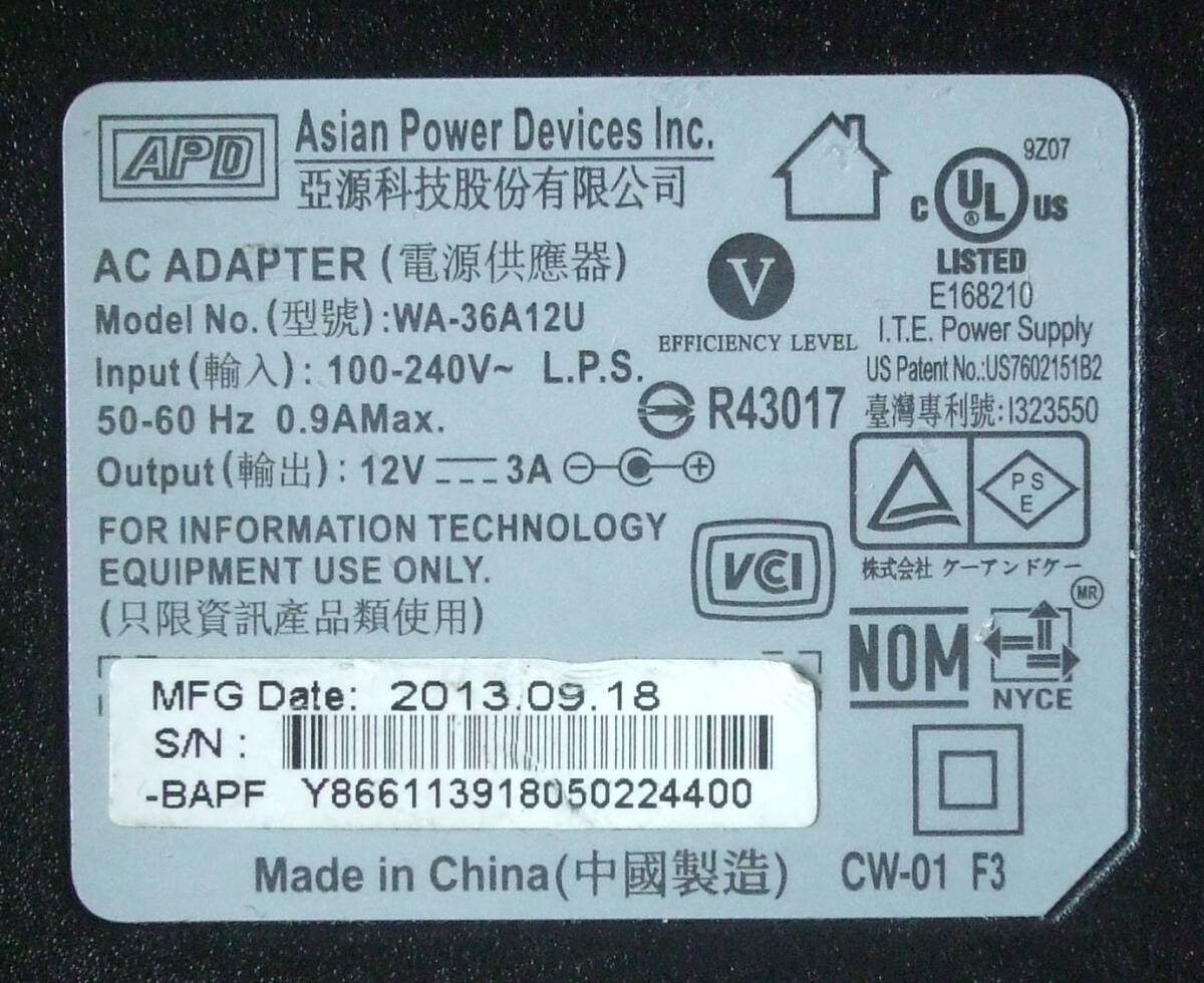 送料無料 ケーアンドケー APD 純正 ACアダプター WA-36A12U センタープラス 12V 12.0V 3A 3.0A ピン無し 5.5mm 2.5mm 即決！_画像3